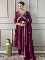 Amazing Wine Color Vichitra Fabric Designer Suit