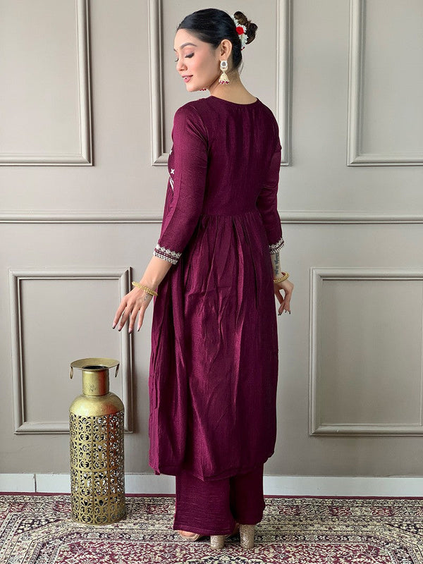 Amazing Wine Color Vichitra Fabric Designer Suit