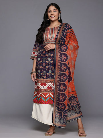 Divine Navy Blue Color Crepe Fabric Designer Kurti With Bottom