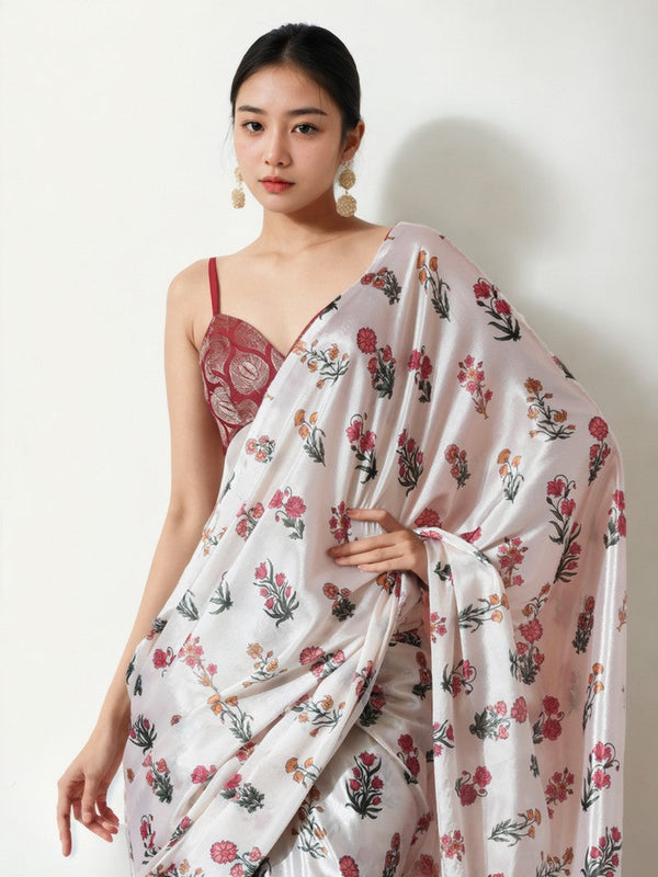 Amazing Cream Color Chinon Fabric Casual Saree