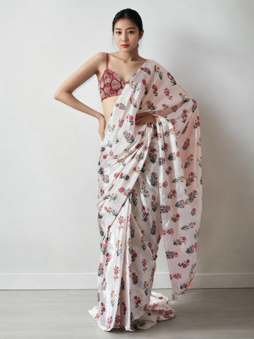Amazing Cream Color Chinon Fabric Casual Saree