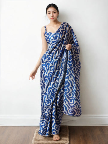 Amazing Blue Color Chinon Fabric Casual Saree