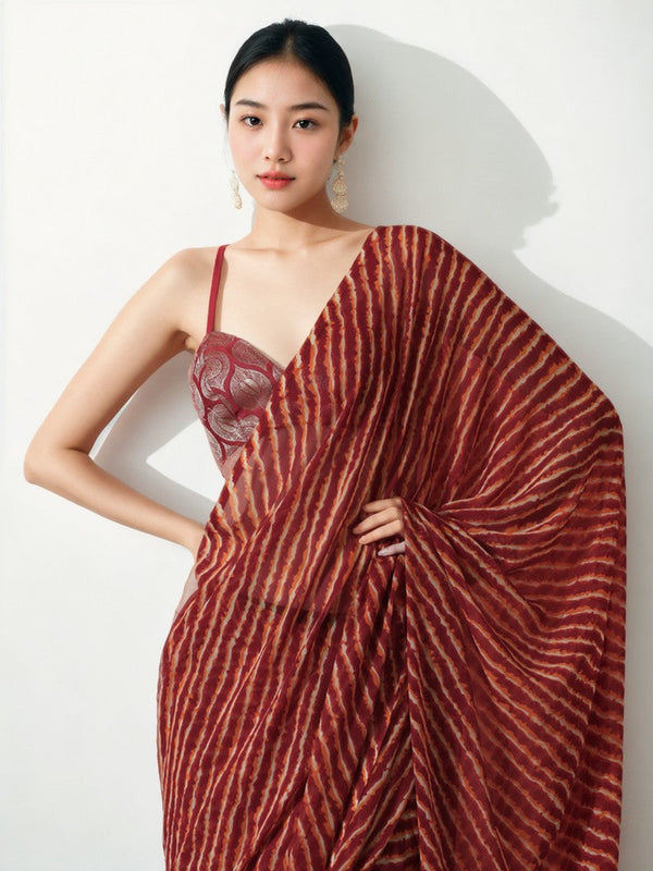 Amazing Red Color Chinon Fabric Casual Saree