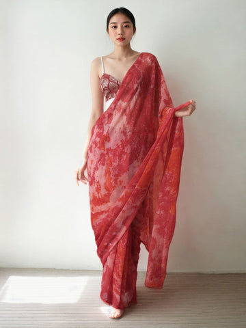 Amazing Red Color Chinon Fabric Casual Saree