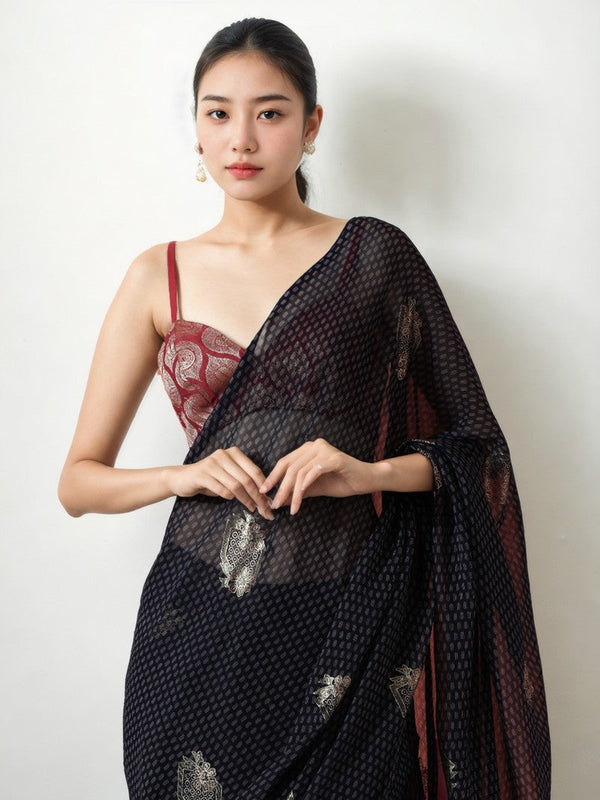 Amazing Navy Blue Color Chinon Fabric Casual Saree