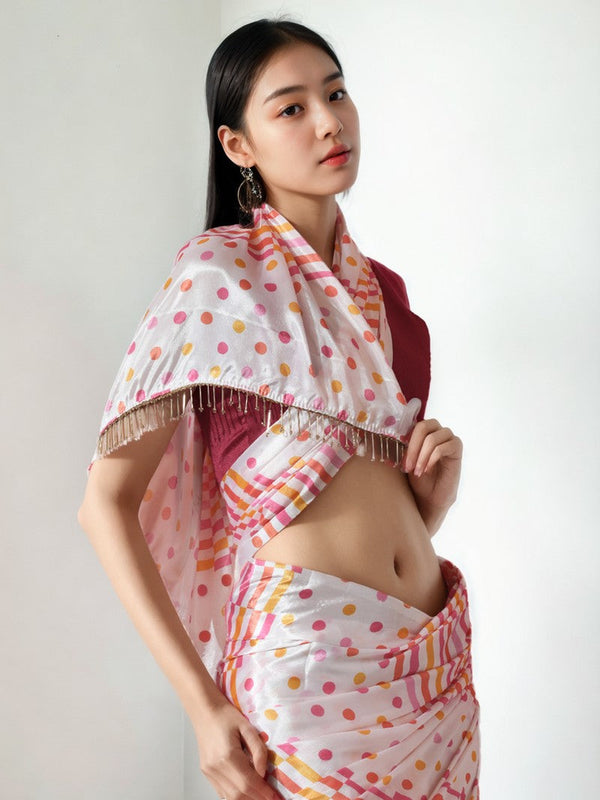 Amazing Cream Color Chinon Fabric Casual Saree