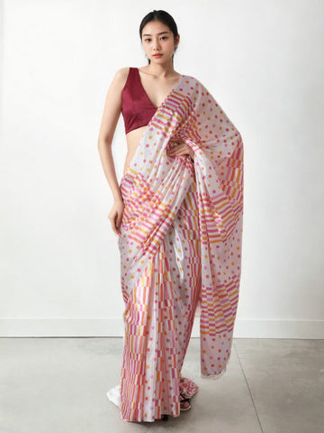 Amazing Cream Color Chinon Fabric Casual Saree