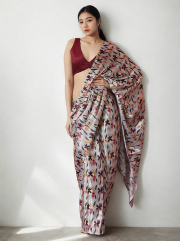Amazing Grey Color Chinon Fabric Casual Saree