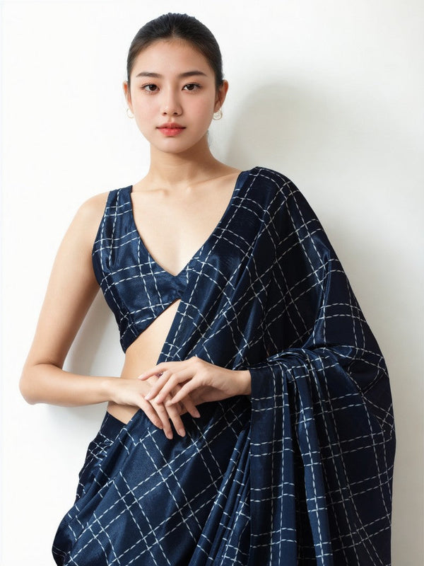 Amazing Navy Blue Color Chinon Fabric Casual Saree