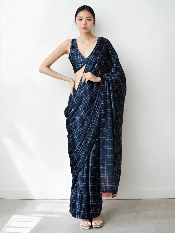 Amazing Navy Blue Color Chinon Fabric Casual Saree