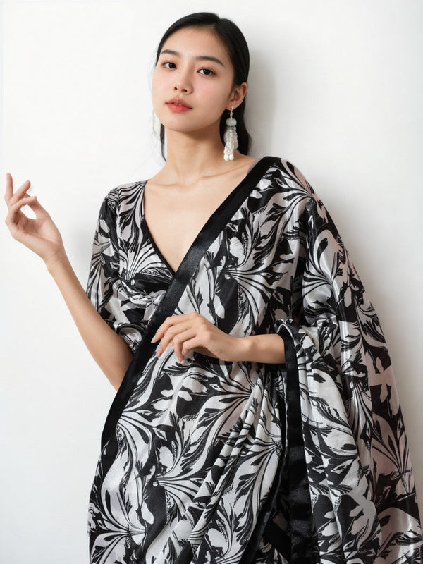 Lovely Black Color Chinon Fabric Casual Saree