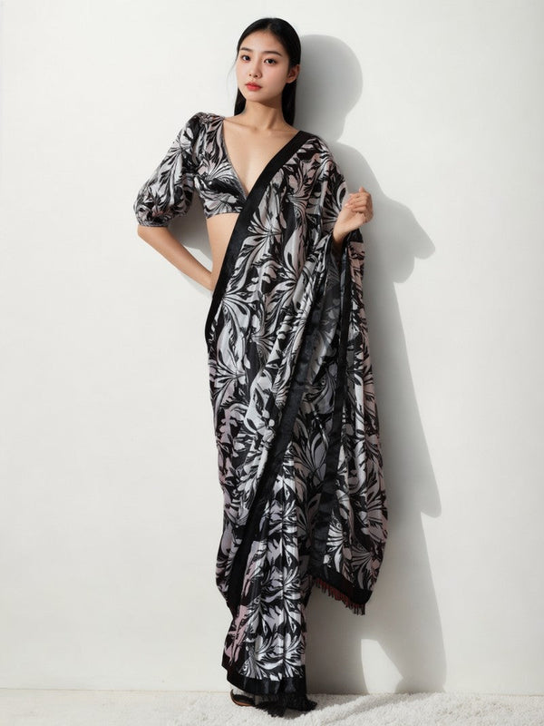Lovely Black Color Chinon Fabric Casual Saree