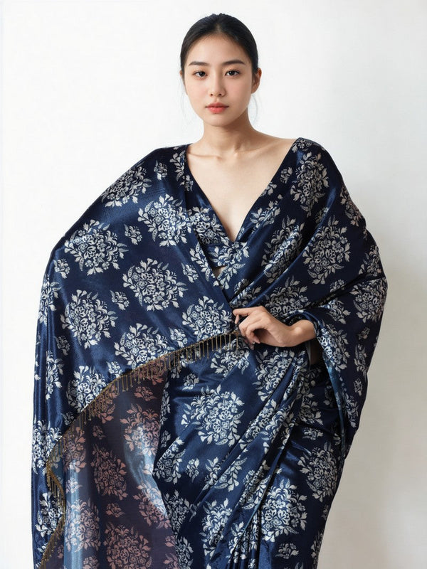 Lovely Navy Blue Color Chinon Fabric Casual Saree