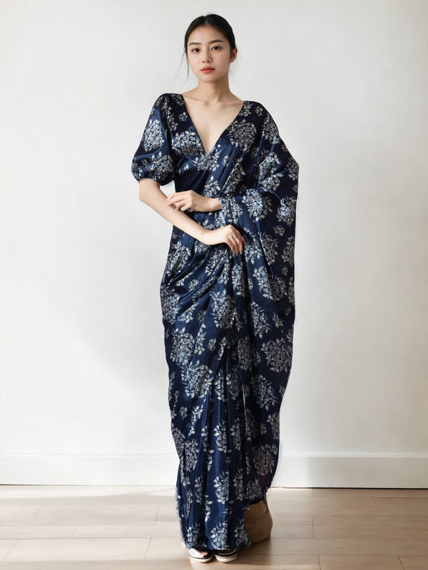 Lovely Navy Blue Color Chinon Fabric Casual Saree