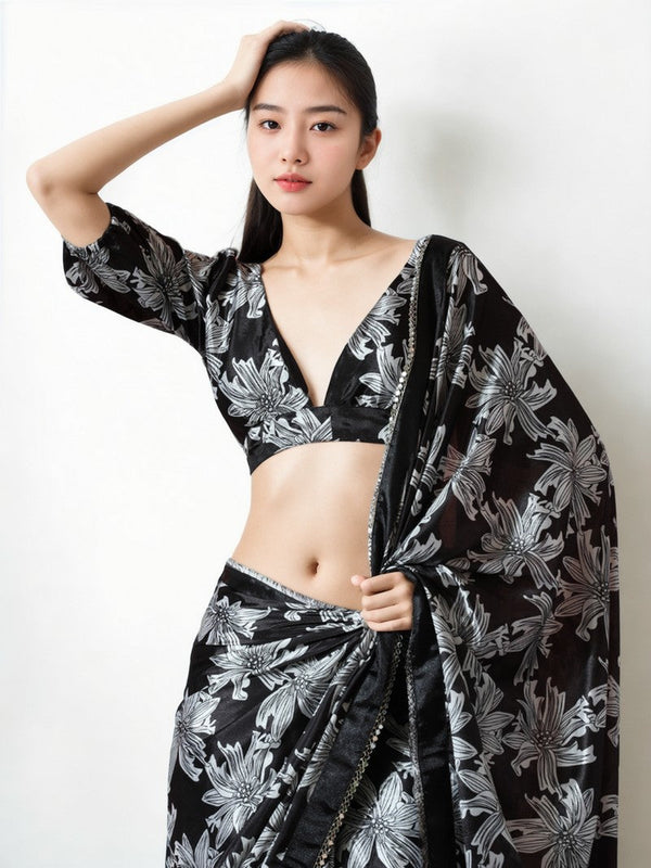 Lovely Black Color Chinon Fabric Casual Saree