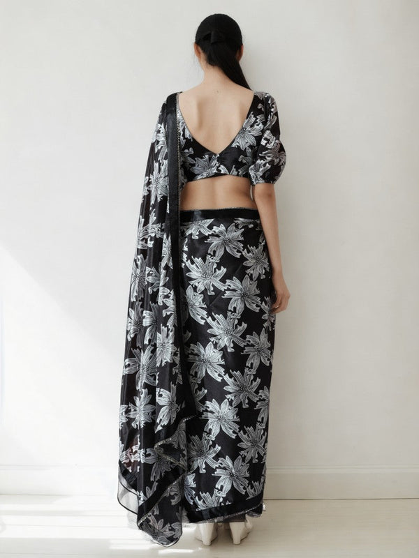 Lovely Black Color Chinon Fabric Casual Saree