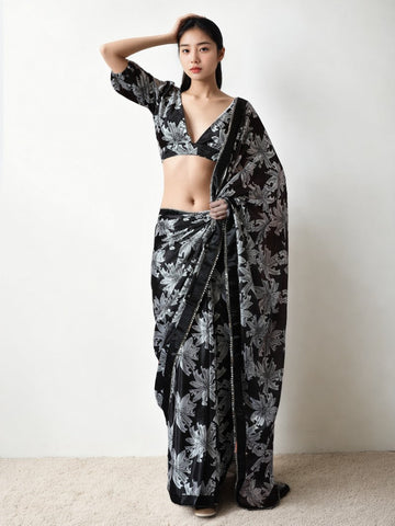 Lovely Black Color Chinon Fabric Casual Saree