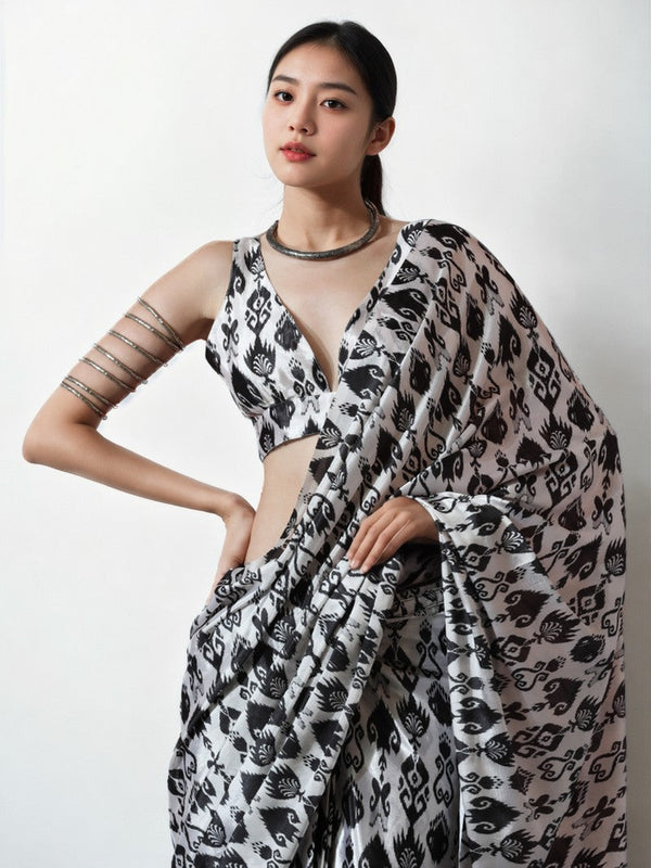 Lovely Grey Color Chinon Fabric Casual Saree