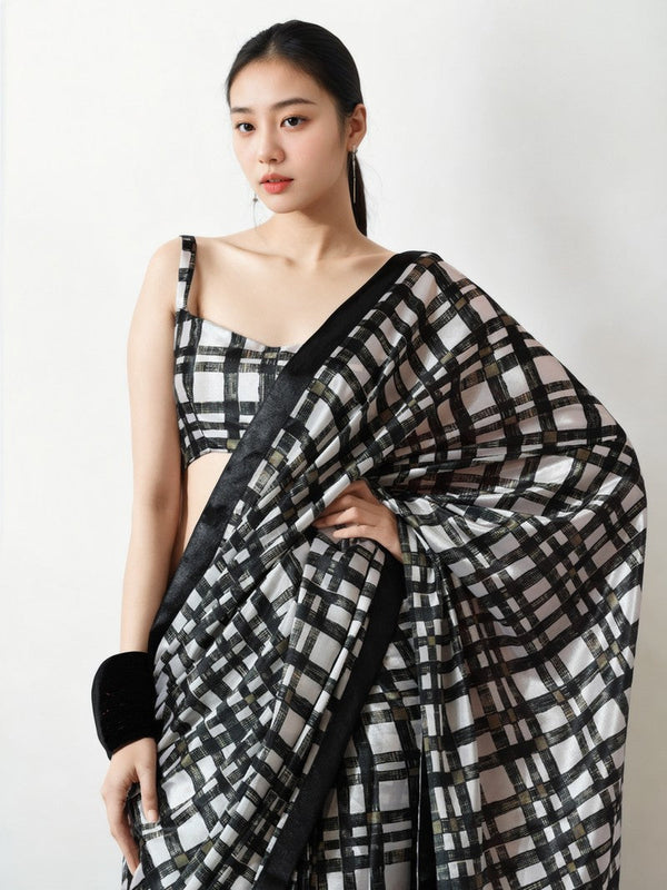 Lovely Black Color Chinon Fabric Casual Saree