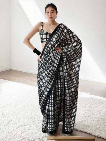Lovely Black Color Chinon Fabric Casual Saree