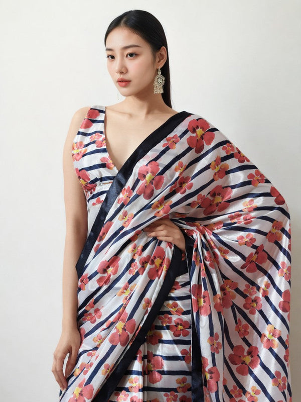 Lovely Cream Color Chinon Fabric Casual Saree