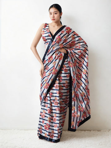 Lovely Cream Color Chinon Fabric Casual Saree