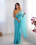 Amazing Aqua Color Burberry Fabric Casual Saree
