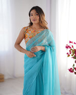 Amazing Aqua Color Burberry Fabric Casual Saree
