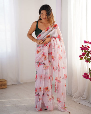 Amazing Cream Color Organza Fabric Casual Saree