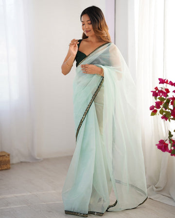 Amazing Aqua Color Net Fabric Casual Saree
