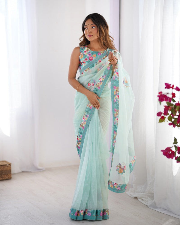 Amazing Aqua Color Net Fabric Casual Saree