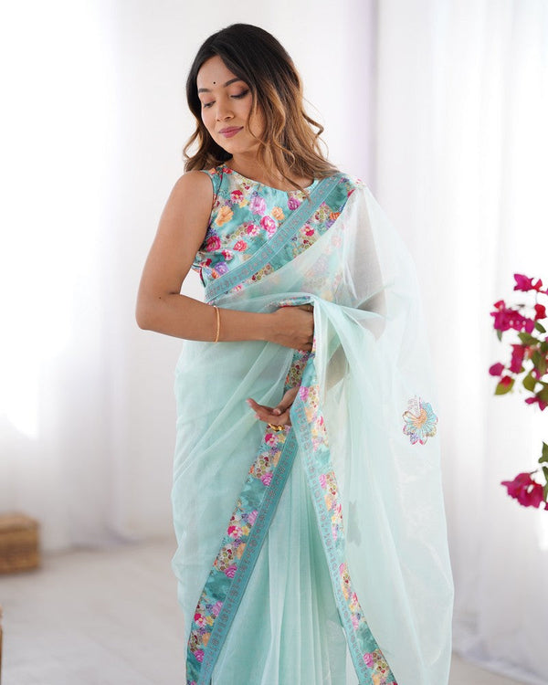 Amazing Aqua Color Net Fabric Casual Saree