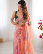 Amazing Peach Color Organza Fabric Casual Saree