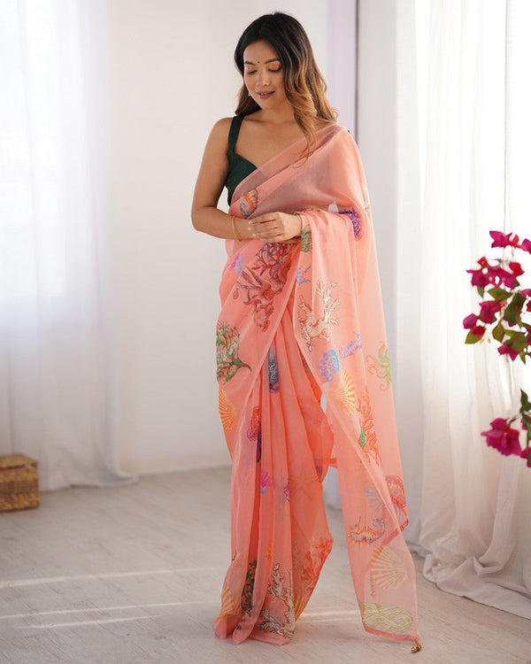 Amazing Peach Color Organza Fabric Casual Saree