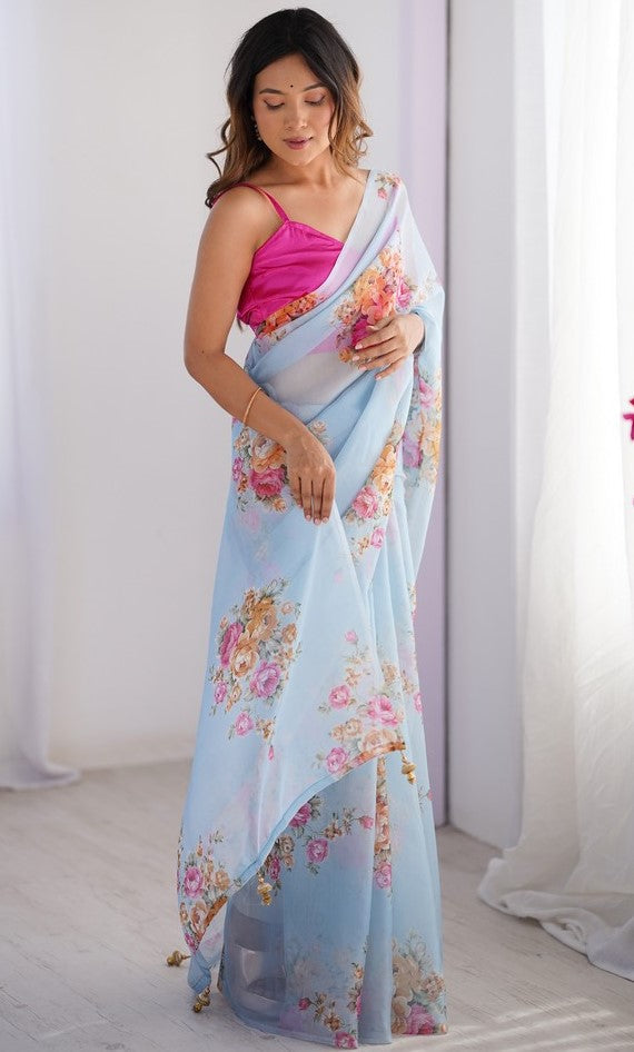 Amazing Aqua Color Organza Fabric Casual Saree