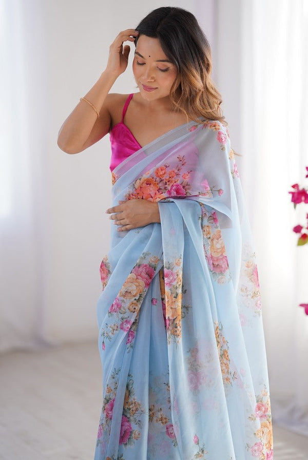 Amazing Aqua Color Organza Fabric Casual Saree
