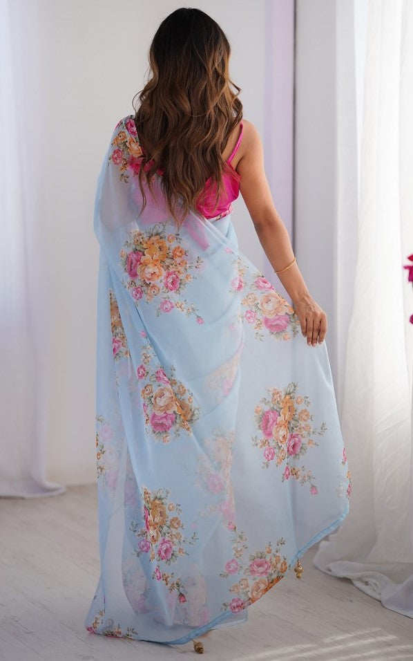 Amazing Aqua Color Organza Fabric Casual Saree