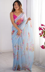 Amazing Aqua Color Organza Fabric Casual Saree