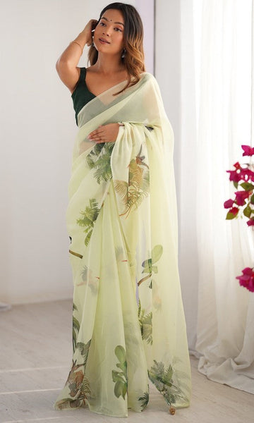 Amazing Green Color Organza Fabric Casual Saree