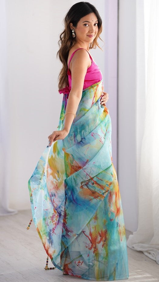 Amazing Multi Color Organza Fabric Casual Saree