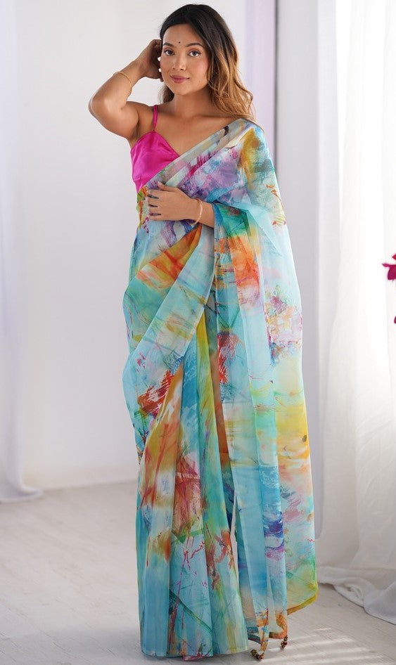 Amazing Multi Color Organza Fabric Casual Saree