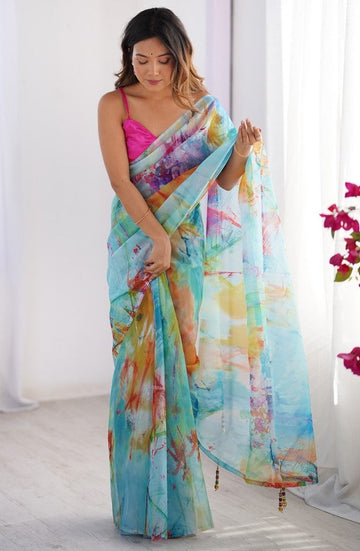 Amazing Multi Color Organza Fabric Casual Saree