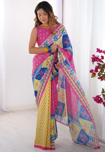 Amazing Pink Color Chinon Fabric Casual Saree