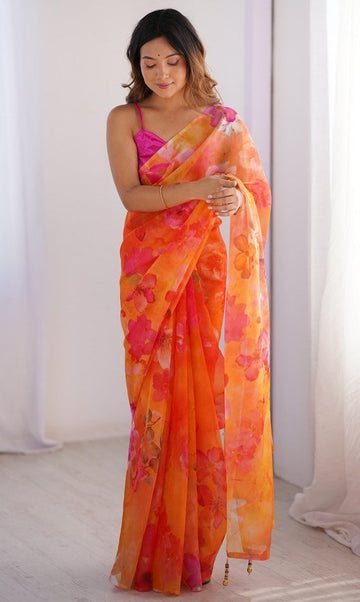 Amazing Orange Color Organza Fabric Casual Saree