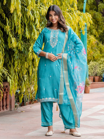 Divine Turquoise Color Viscose Fabric Designer Suit