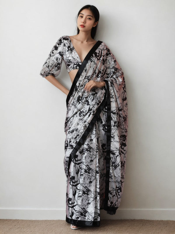 Classy White Color Chinon Fabric Casual Saree