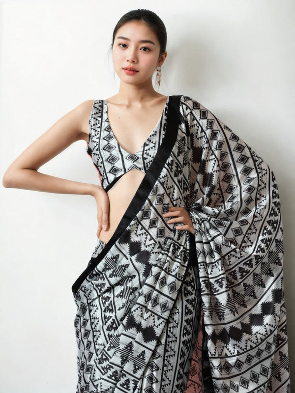 Classy White Color Chinon Fabric Casual Saree