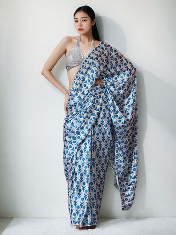 Classy Blue Color Chinon Fabric Casual Saree