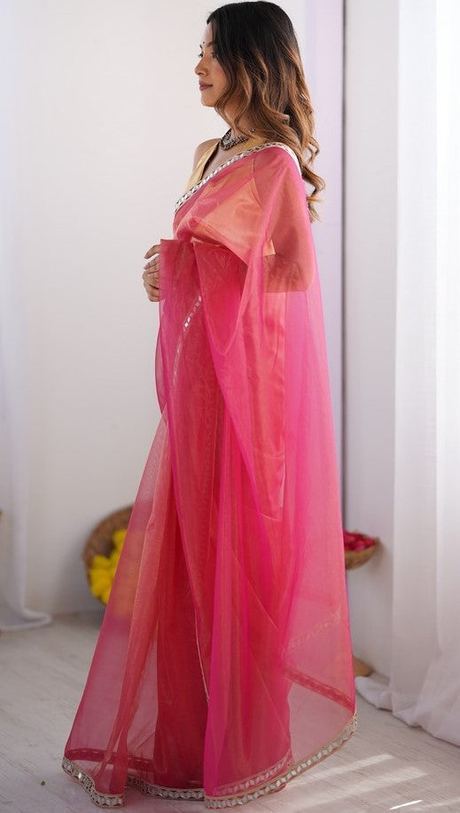 Splendid Pink Color Net Fabric Casual Saree