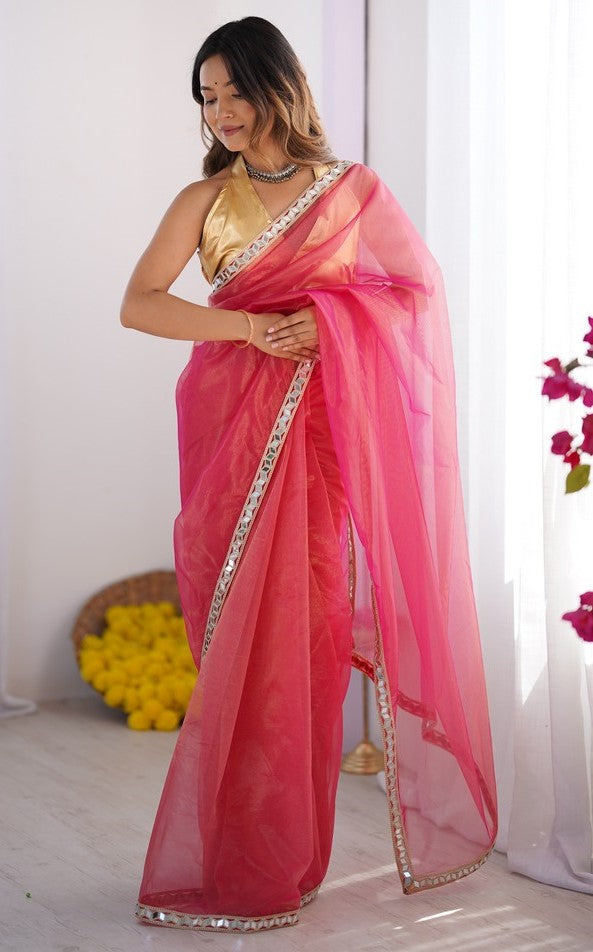 Splendid Pink Color Net Fabric Casual Saree